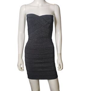 Pleasure Doing Business Black and Silver Metallic Sweetheart Bandage Dress Small